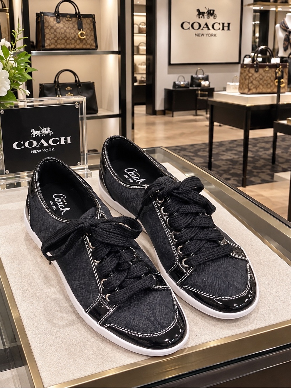 Coach Black Canvas & Patent Trim Lace-Up Sneakers